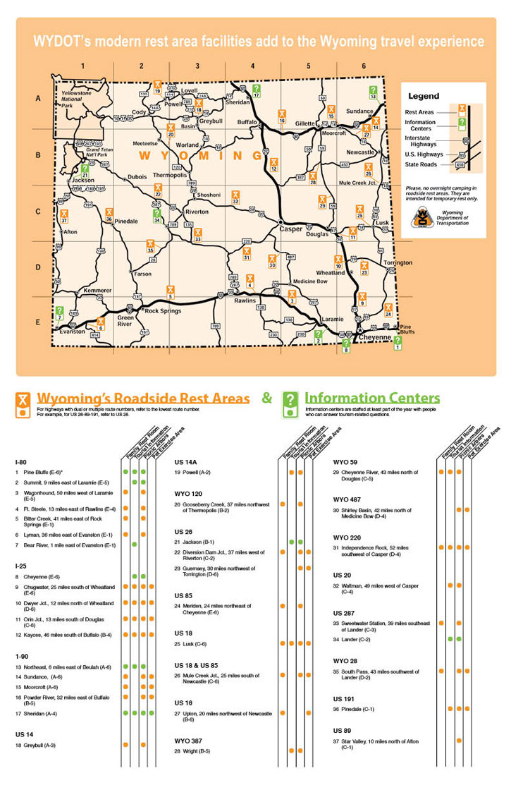 Map of rest areas locations in Wyoming
